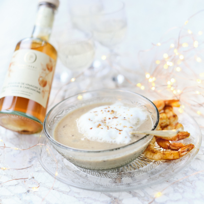 Chestnuts Cappuccino, Hazelnuts and Sautéed Shrimps