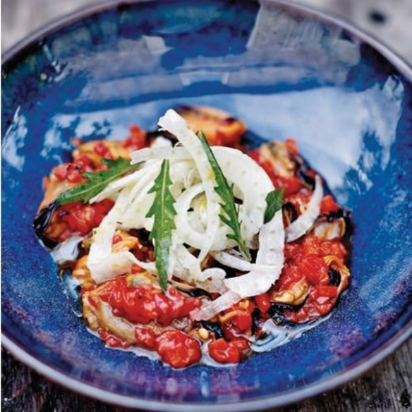 Large Mussels, Piquillo Peppers and Curry, Fennel Salad