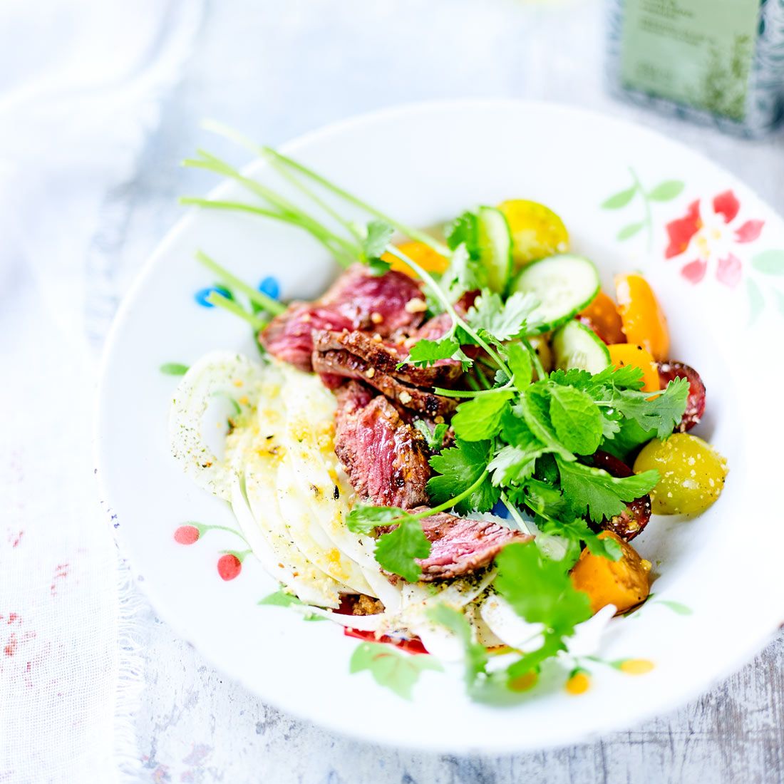 Marinated Flank Steak with Fresh Tomatoes & Raw Fennel