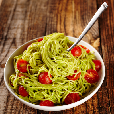 Pasta with Pesto & Spicy Tomatoes