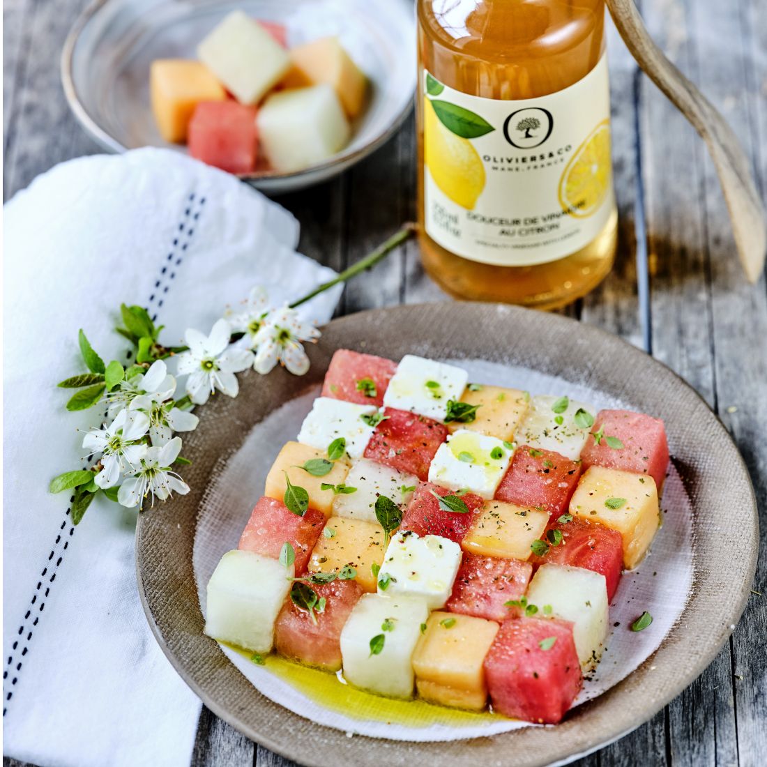 Watermelon, Melon, Cucumber & Feta Mikado Salad