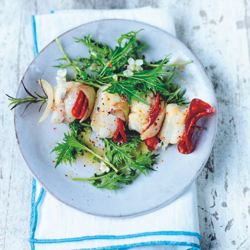 Grilled Monkfish & Chorizo Kebabs