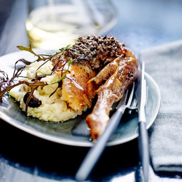 Stuffed Cornish Game Hen with Truffle Sauce & Mashed Potatoes